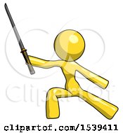 Poster, Art Print Of Yellow Design Mascot Woman With Ninja Sword Katana In Defense Pose