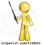 Yellow Design Mascot Man Standing Up With Ninja Sword Katana