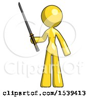 Yellow Design Mascot Woman Standing Up With Ninja Sword Katana
