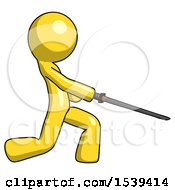 Poster, Art Print Of Yellow Design Mascot Man With Ninja Sword Katana Slicing Or Striking Something