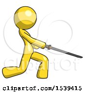 Yellow Design Mascot Woman With Ninja Sword Katana Slicing Or Striking Something