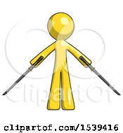 Yellow Design Mascot Man Posing With Two Ninja Sword Katanas