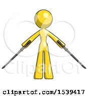 Yellow Design Mascot Woman Posing With Two Ninja Sword Katanas