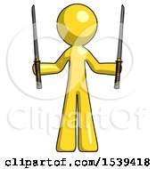Yellow Design Mascot Man Posing With Two Ninja Sword Katanas Up