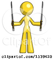 Yellow Design Mascot Woman Posing With Two Ninja Sword Katanas Up