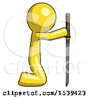 Yellow Design Mascot Man Kneeling With Ninja Sword Katana Showing Respect