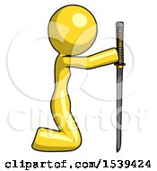 Yellow Design Mascot Woman Kneeling With Ninja Sword Katana Showing Respect