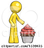 Yellow Design Mascot Man With Giant Cupcake Dessert