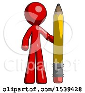 Poster, Art Print Of Red Design Mascot Man With Large Pencil Standing Ready To Write