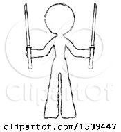 Sketch Design Mascot Woman Posing With Two Ninja Sword Katanas Up