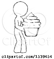 Sketch Design Mascot Man Holding Large Cupcake Ready To Eat Or Serve