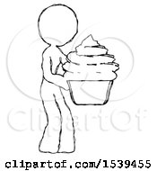 Sketch Design Mascot Woman Holding Large Cupcake Ready To Eat Or Serve