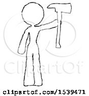 Poster, Art Print Of Sketch Design Mascot Woman Holding Up Red Firefighters Ax