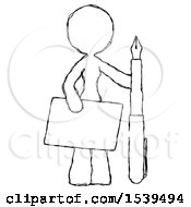 Poster, Art Print Of Sketch Design Mascot Woman Holding Large Envelope And Calligraphy Pen