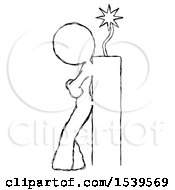 Poster, Art Print Of Sketch Design Mascot Woman Leaning Against Dynimate Large Stick Ready To Blow