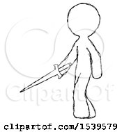 Poster, Art Print Of Sketch Design Mascot Man With Sword Walking Confidently