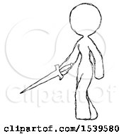 Poster, Art Print Of Sketch Design Mascot Woman With Sword Walking Confidently