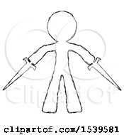 Sketch Design Mascot Man Two Sword Defense Pose