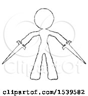 Sketch Design Mascot Woman Two Sword Defense Pose