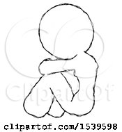 Poster, Art Print Of Sketch Design Mascot Woman Sitting With Head Down Back View Facing Left