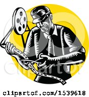 Poster, Art Print Of Retro Woodcut Movie Director Cutting A Film Reel Over A Yellow Circle