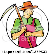 Poster, Art Print Of Farmer Holding A Scythe In A Circle In Monoline Style