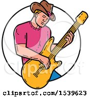 Clipart Of A Cowboy Musician Playing A Guitar In A Circle Royalty Free Vector Illustration