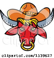 Poster, Art Print Of Red Texas Longhorn Bull With A Nose Ring And Cowboy Hat In Monoline Style