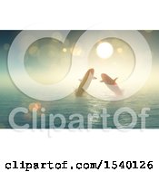 Poster, Art Print Of 3d Sunny Sky And Silhouetted Pair Of Whales Jumping Out Of Water