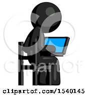 Poster, Art Print Of Black Design Mascot Man Using Laptop Computer While Sitting In Chair View From Back