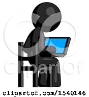 Black Design Mascot Woman Using Laptop Computer While Sitting In Chair View From Back