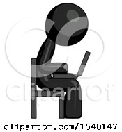 Poster, Art Print Of Black Design Mascot Man Using Laptop Computer While Sitting In Chair View From Side