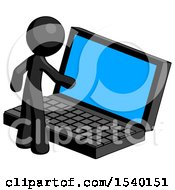 Poster, Art Print Of Black Design Mascot Man Using Large Laptop Computer