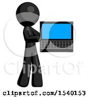 Poster, Art Print Of Black Design Mascot Man Holding Laptop Computer Presenting Something On Screen