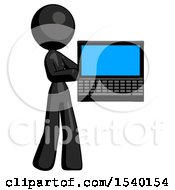 Poster, Art Print Of Black Design Mascot Woman Holding Laptop Computer Presenting Something On Screen