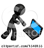 Poster, Art Print Of Black Design Mascot Man Throwing Laptop Computer In Frustration