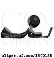 Poster, Art Print Of Black Design Mascot Woman Using Laptop Computer While Lying On Floor Side View