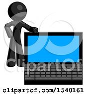 Poster, Art Print Of Black Design Mascot Man Beside Large Laptop Computer Leaning Against It