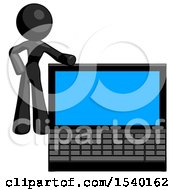 Poster, Art Print Of Black Design Mascot Woman Beside Large Laptop Computer Leaning Against It