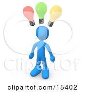 Smart And Creative Blue Man With Different Colored Lightbulbs Symbolizing Ideas Above His Head Clipart Illustration Image