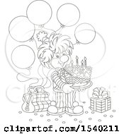 Poster, Art Print Of Lineart Clown Holding A Birthday Cake At A Party