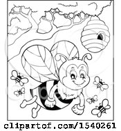 Clipart Of A Black And White Honey Bee And Hive Royalty Free Vector Illustration