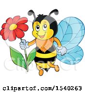 Clipart Of A Honey Bee Holding A Daisy Flower Royalty Free Vector Illustration