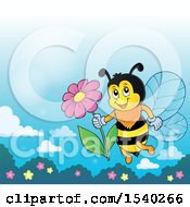 Clipart Of A Honey Bee Holding A Daisy Flower Royalty Free Vector Illustration