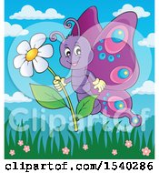 Clipart Of A Butterfly Holding A Flower Royalty Free Vector Illustration
