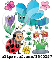 Poster, Art Print Of Butterfly Dragonfly Flowers And Ladybug
