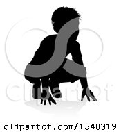Clipart Of A Silhouetted Boy Crouching With A Reflection Or Shadow On A White Background Royalty Free Vector Illustration