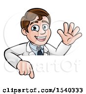 Clipart Of A Happy White Male Scientist Waving And Pointing Down Over A Sign Royalty Free Vector Illustration