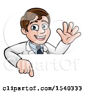 Poster, Art Print Of Happy White Male Scientist Waving And Pointing Down Over A Sign