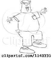 Clipart Of A Lineart Man Walking In Booties Royalty Free Vector Illustration
